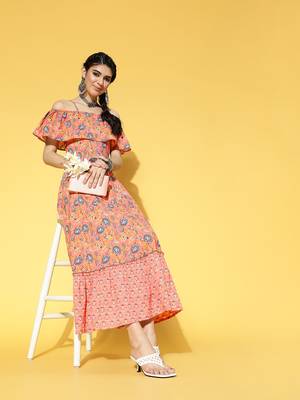 Peach printed cotton long-dresses 5