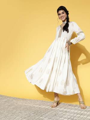 White printed viscose rayon long-dresses 1