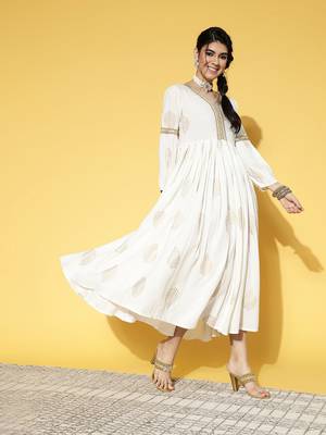 White printed viscose rayon long-dresses 2