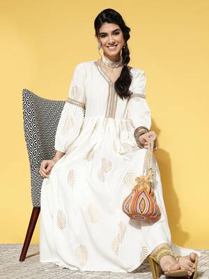 White printed viscose rayon long-dresses 5
