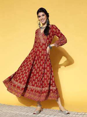 Maroon printed cotton long-dresses 1