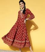 Maroon printed cotton long-dresses
