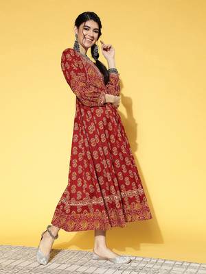 Maroon printed cotton long-dresses 2