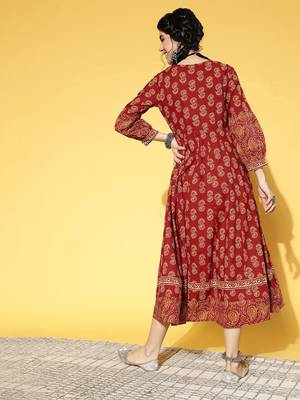 Maroon printed cotton long-dresses 3