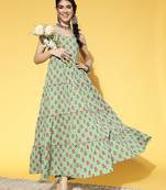 Green printed cotton long-dresses