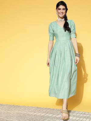 Sea-green plain cotton long-dresses 1