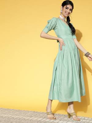 Sea-green plain cotton long-dresses 2
