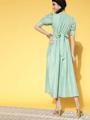 Sea-green plain cotton long-dresses 3