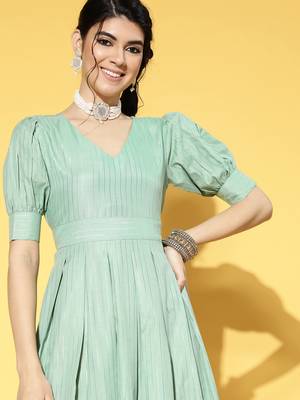 Sea-green plain cotton long-dresses 4