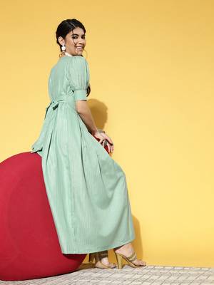 Sea-green plain cotton long-dresses 5