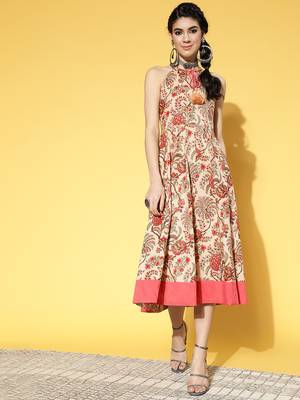Beige printed cotton long-dresses 1