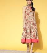 Beige printed cotton long-dresses