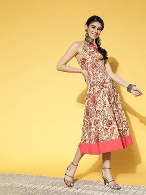 Beige printed cotton long-dresses 2