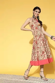 Beige printed cotton long-dresses