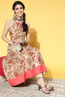 Beige printed cotton long-dresses