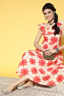Peach printed cotton long-dresses