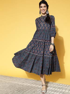 Navy-blue printed cotton long-dresses 1
