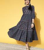 Navy-blue printed cotton long-dresses