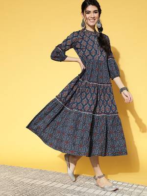 Navy-blue printed cotton long-dresses 2
