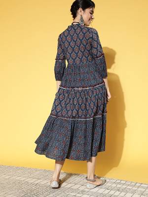 Navy-blue printed cotton long-dresses 3