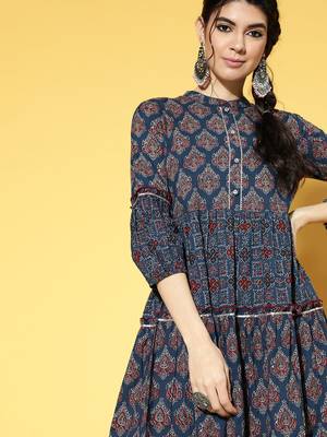 Navy-blue printed cotton long-dresses 4