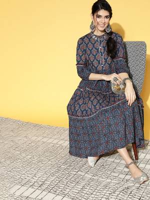 Navy-blue printed cotton long-dresses 5