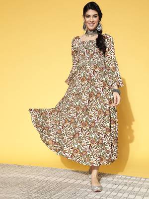 White printed cotton long-dresses 1