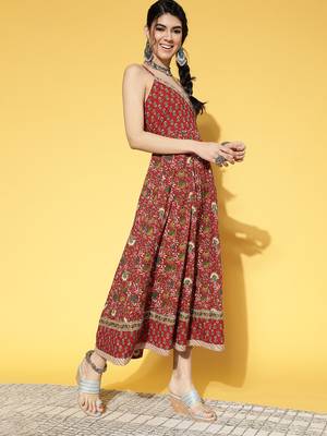 Red printed cotton long-dresses 2