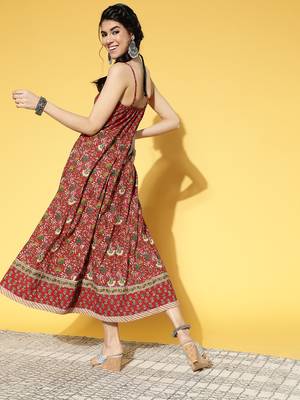 Red printed cotton long-dresses 3