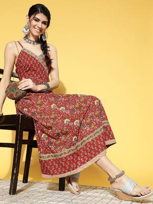 Red printed cotton long-dresses 5