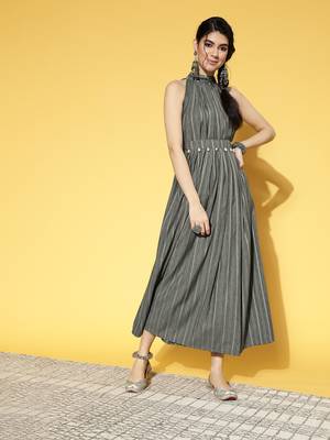 Grey printed cotton long-dresses 1