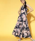 Blue printed cotton long-dresses