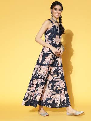 Blue printed cotton long-dresses 2
