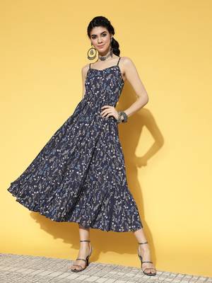 Blue printed cotton long-dresses 1