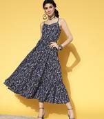 Blue printed cotton long-dresses