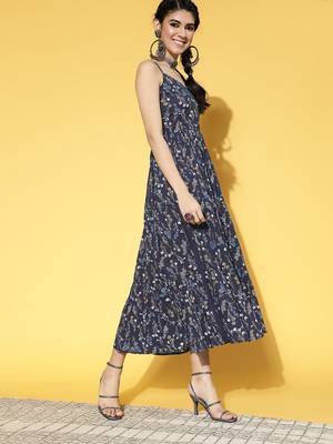 Blue printed cotton long-dresses 2