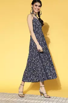 Blue printed cotton long-dresses