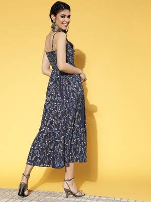 Blue printed cotton long-dresses 3