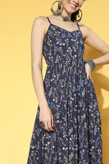 Blue printed cotton long-dresses
