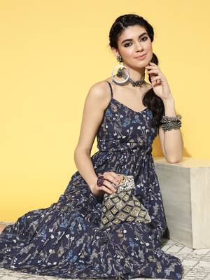 Blue printed cotton long-dresses 5