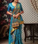 Janasya Teal woven silk cotton saree with blouse