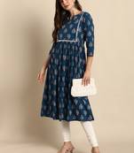 Teal printed cotton kurtas-and-kurtis