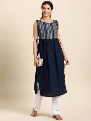 Navy-blue printed rayon kurtas-and-kurtis 1
