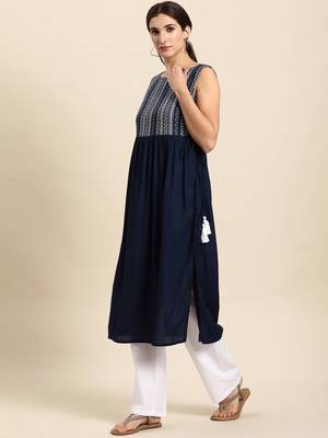Navy-blue printed rayon kurtas-and-kurtis 3