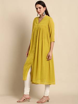 Mustard woven chiffon kurtas-and-kurtis 3