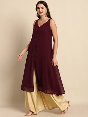 Wine woven chiffon kurtas-and-kurtis 1