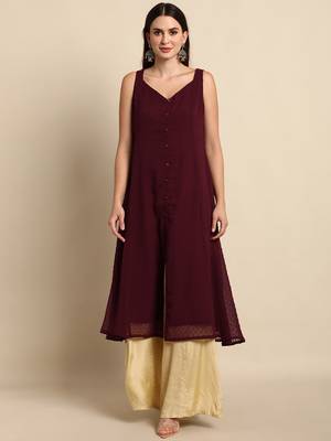 Wine woven chiffon kurtas-and-kurtis 2
