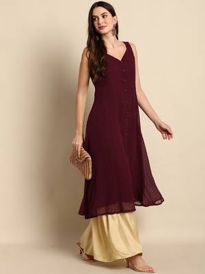 Wine woven chiffon kurtas-and-kurtis 3