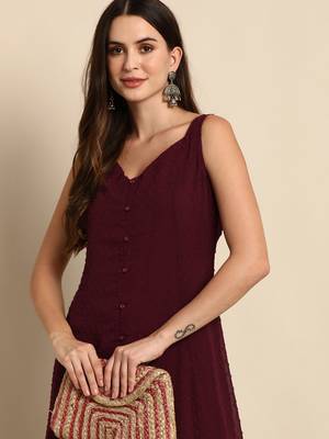 Wine woven chiffon kurtas-and-kurtis 5