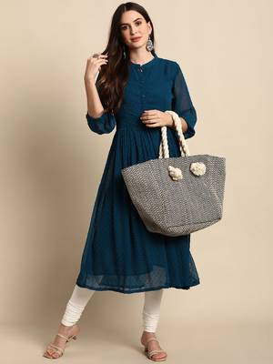 Teal woven chiffon kurtas-and-kurtis 2